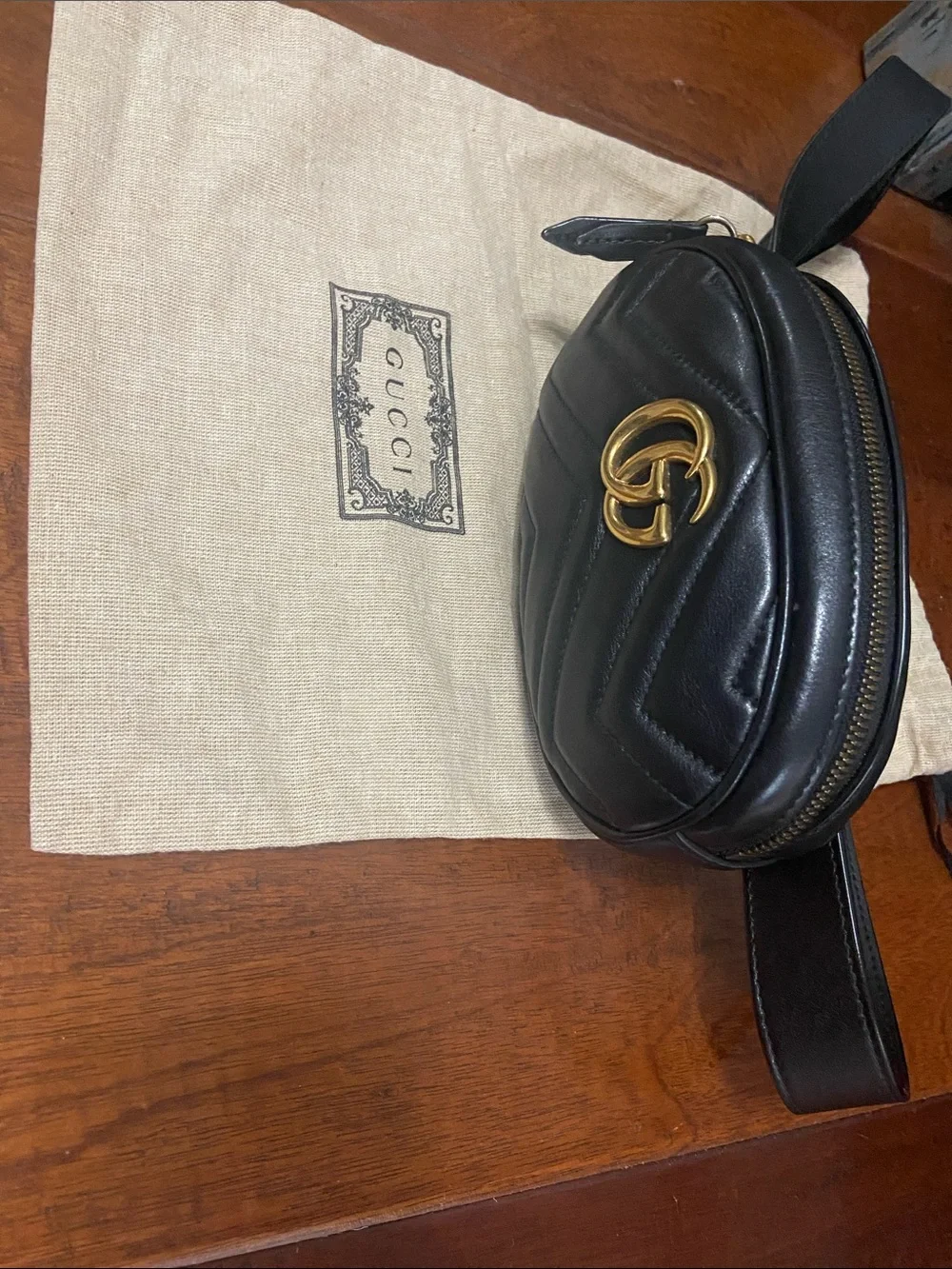 Gucci Black Leather GG Marmont Belt Bag with Gold Hardware